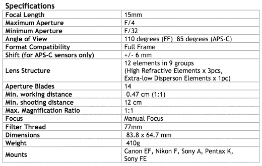 specifications: venus 15mm f4 shift macro