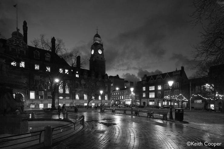 Leicester town hall at dusk - monochrome