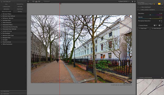 adding the brilliance/warmth filter to an image - split view