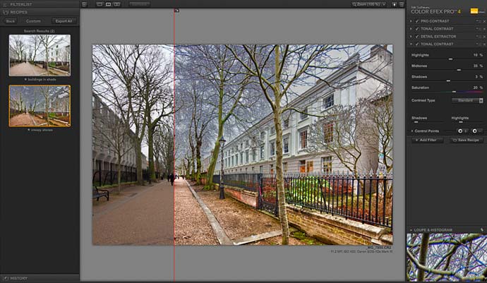split view of filter recipe applied to street