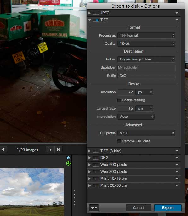 disk image export options