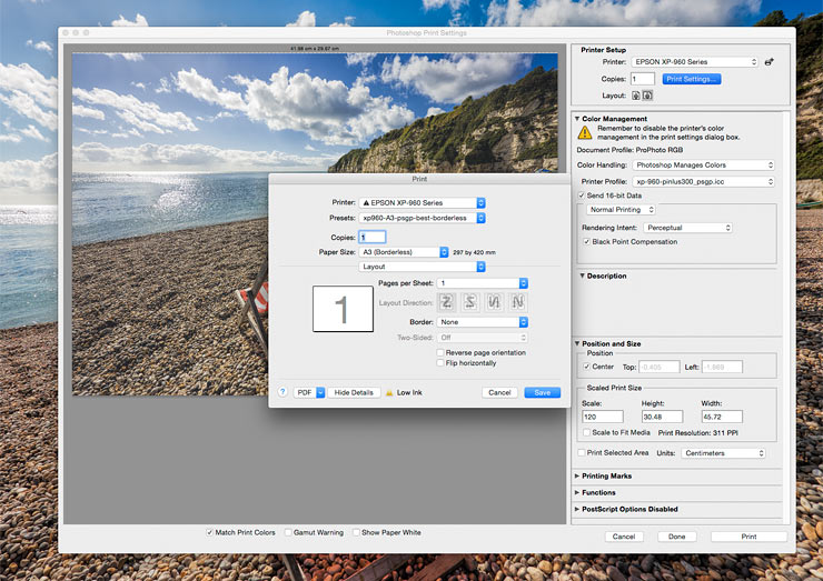 printing large A3 borderless photo from Photoshop