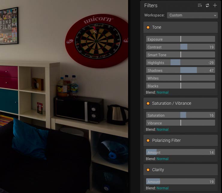 detail of adjustment settings for photo editing