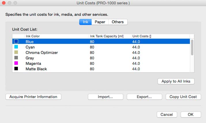 setting costs for ink