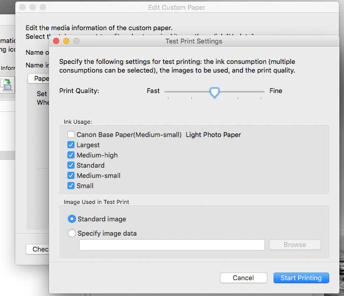 test levels for ink settings
