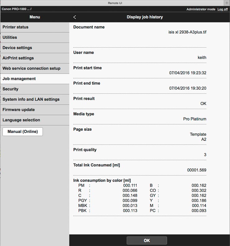 web interface showing ink use