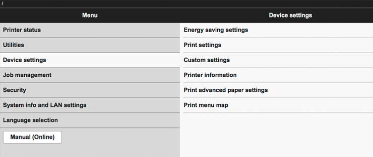 web interface for printer settings