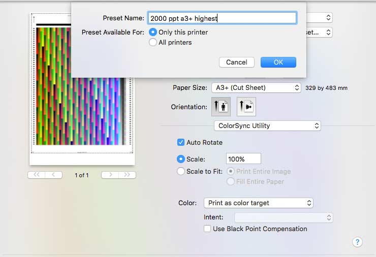 using colorsync utility to print profiling target