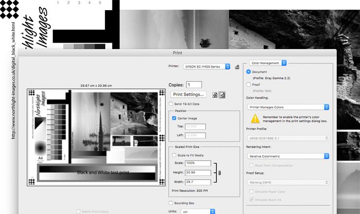 turning off colour management in photoshop print dialogue