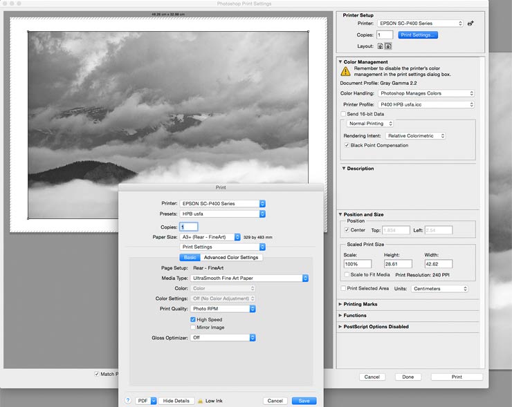 print setup for monochrome print on cotton rag paper