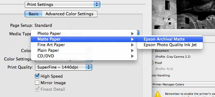 selecting paper type for matte paper