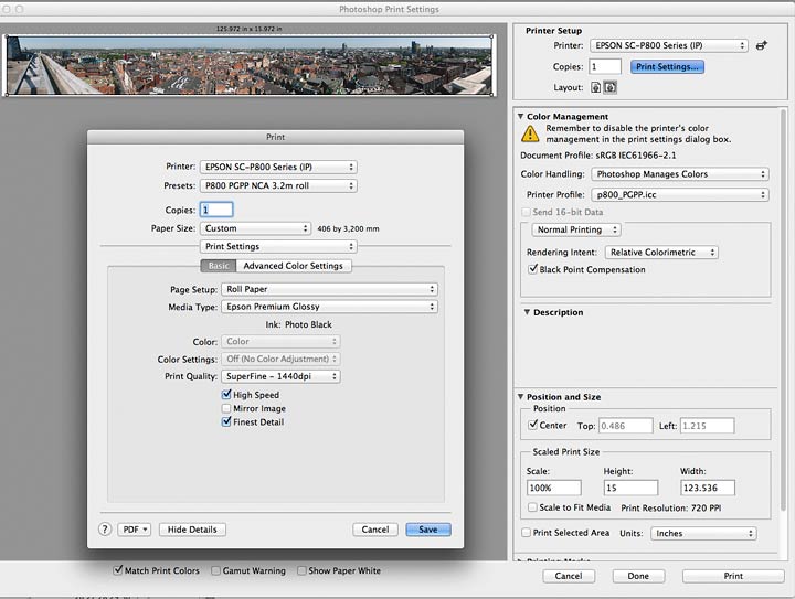 print setup for 124 inch image width