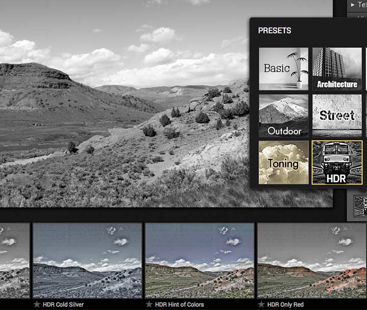 HDR style preset image adjustments