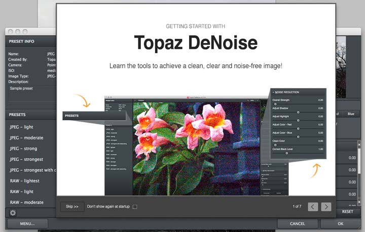 Topaz denoise startup screen and help