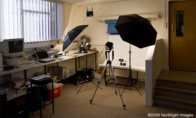 product photography setup in corner of office