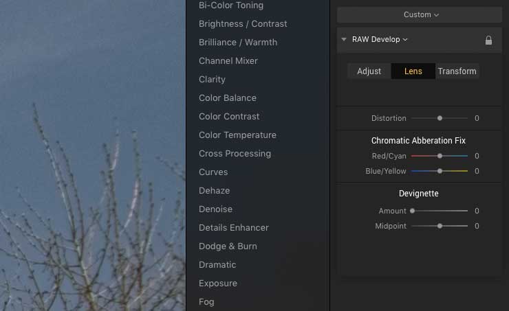 raw lens adjustments